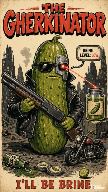 The Gherkinator pickle parody artwork.