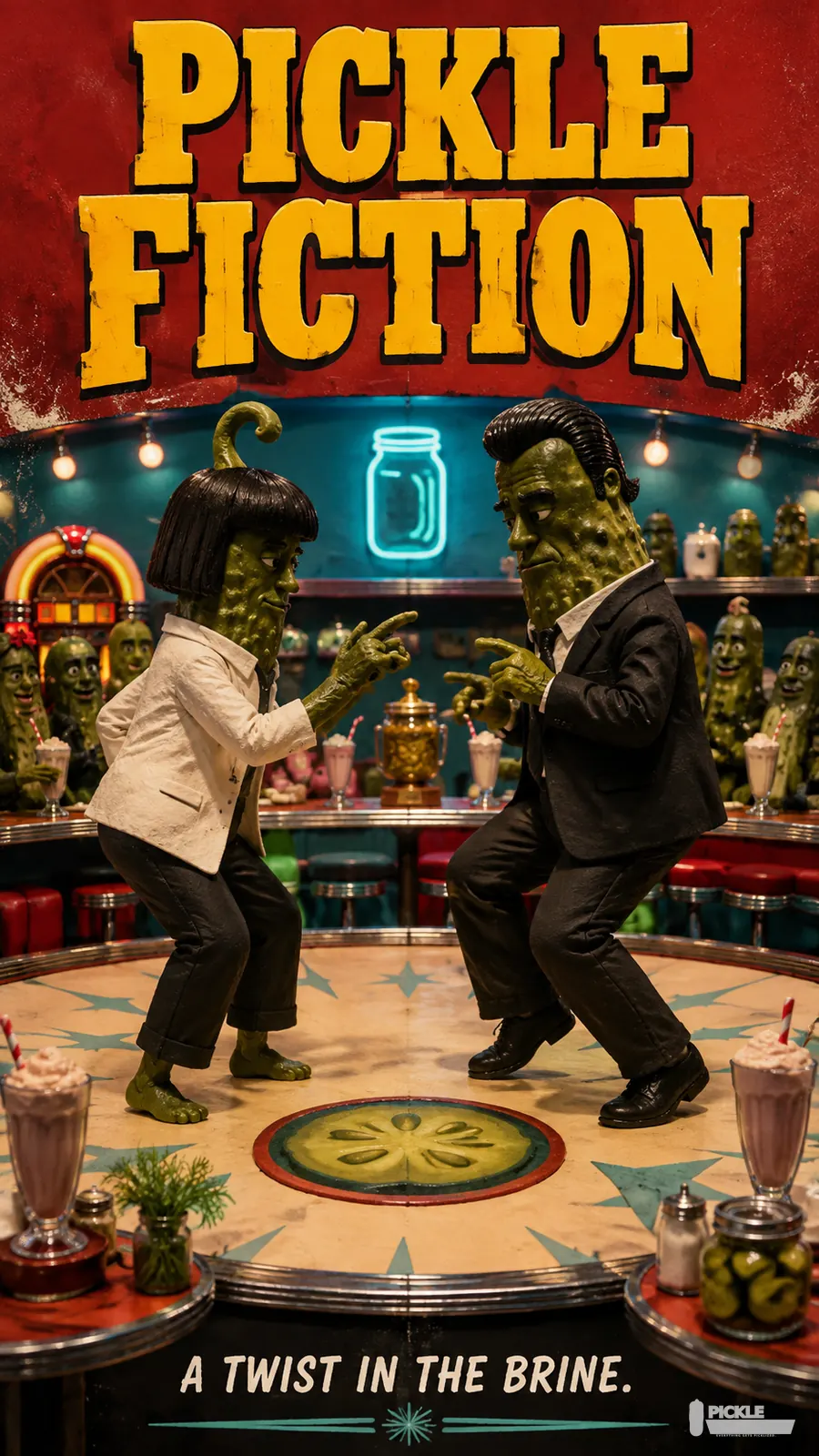 Pickle Fiction: Dance pickle parody artwork.