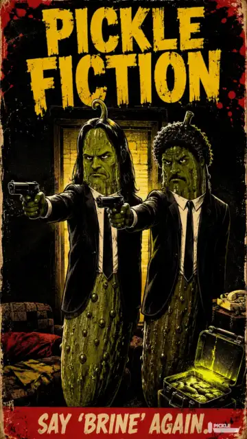 Pickle Fiction: Say Brine Again pickle parody artwork.