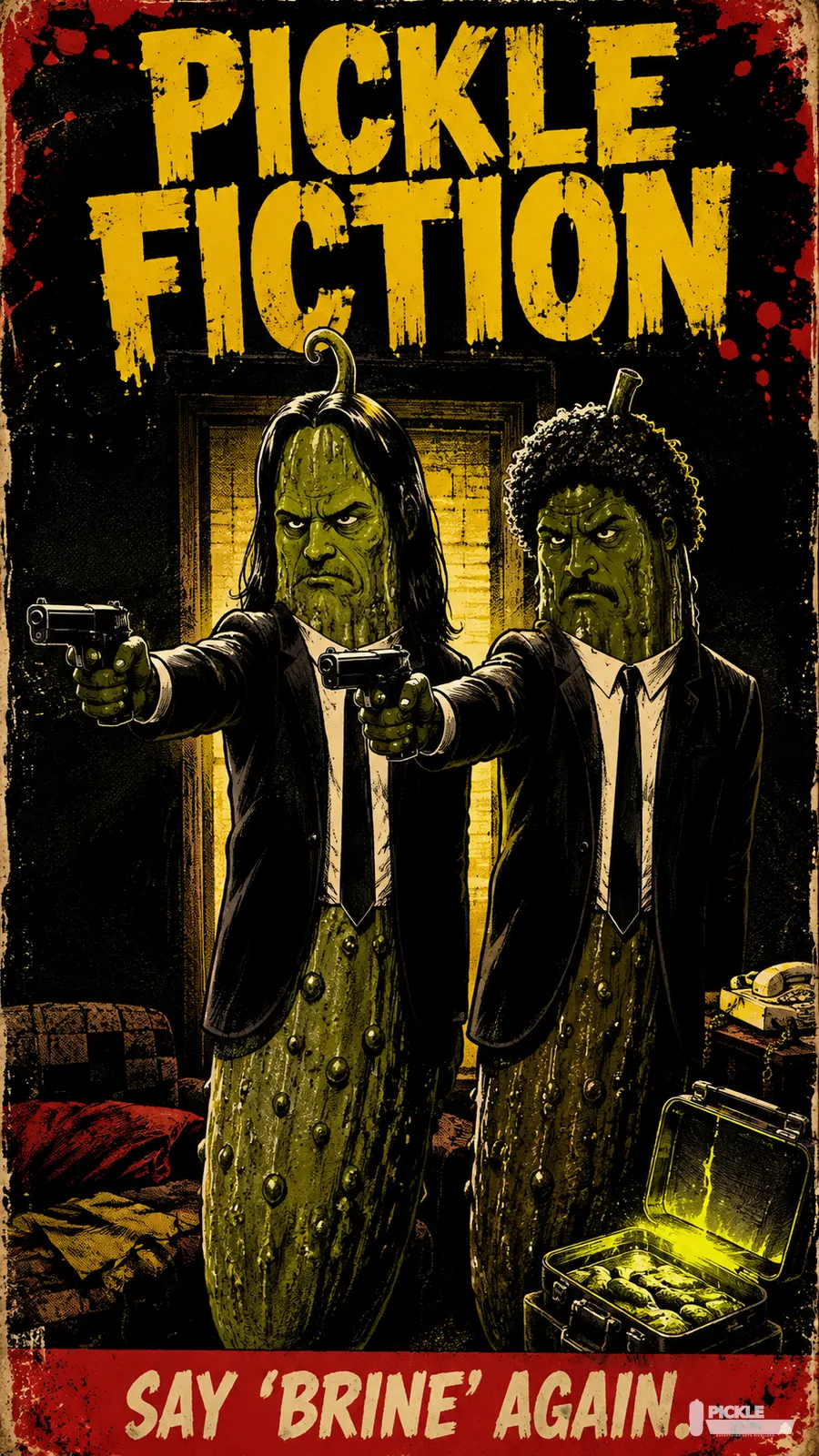 Pickle Fiction: Say Brine Again pickle parody artwork.
