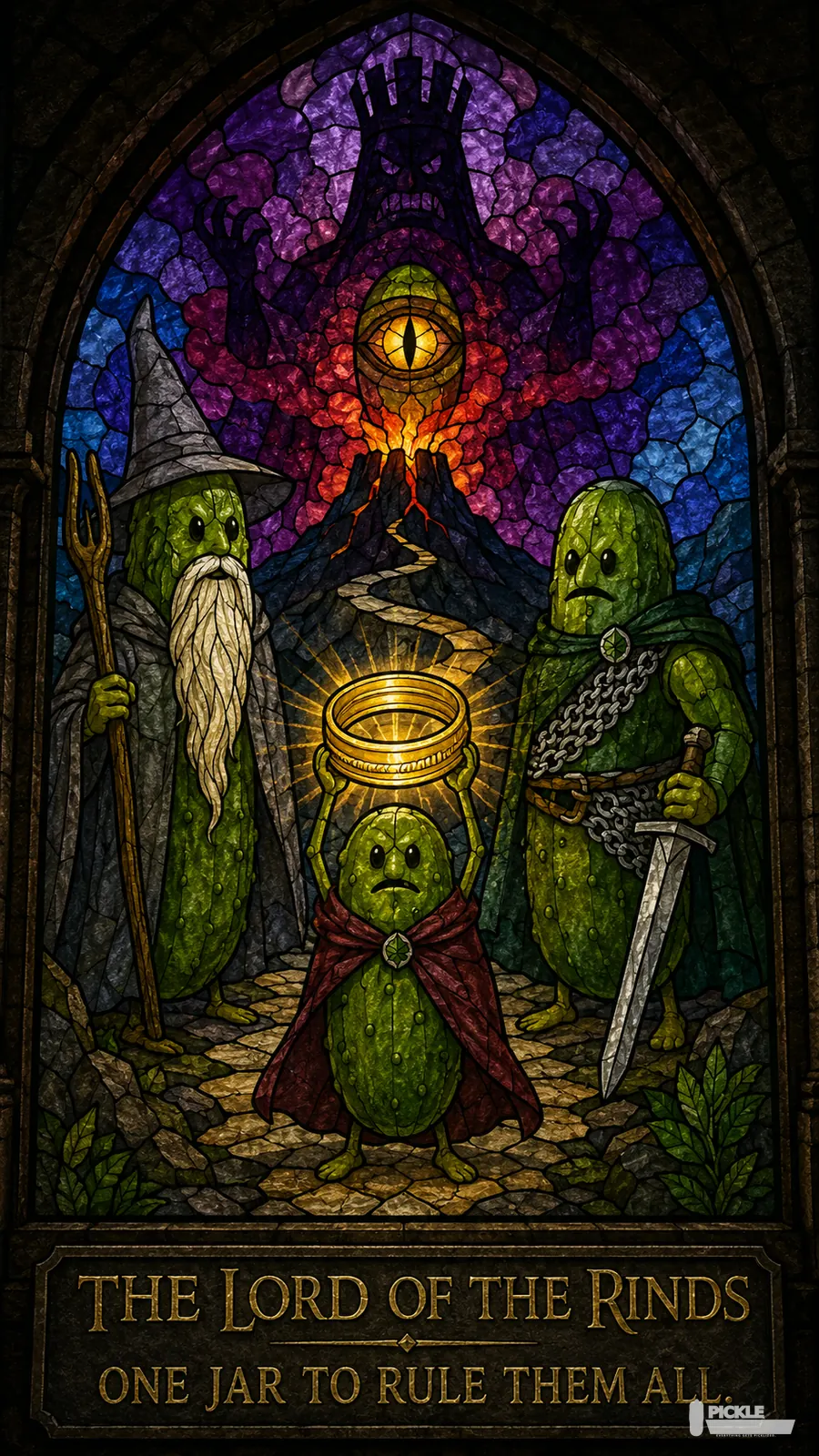 The Lord of the Rinds: Stained Glass pickle parody artwork.
