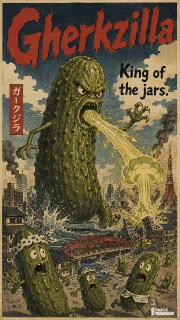 Gherkzilla pickle parody artwork.