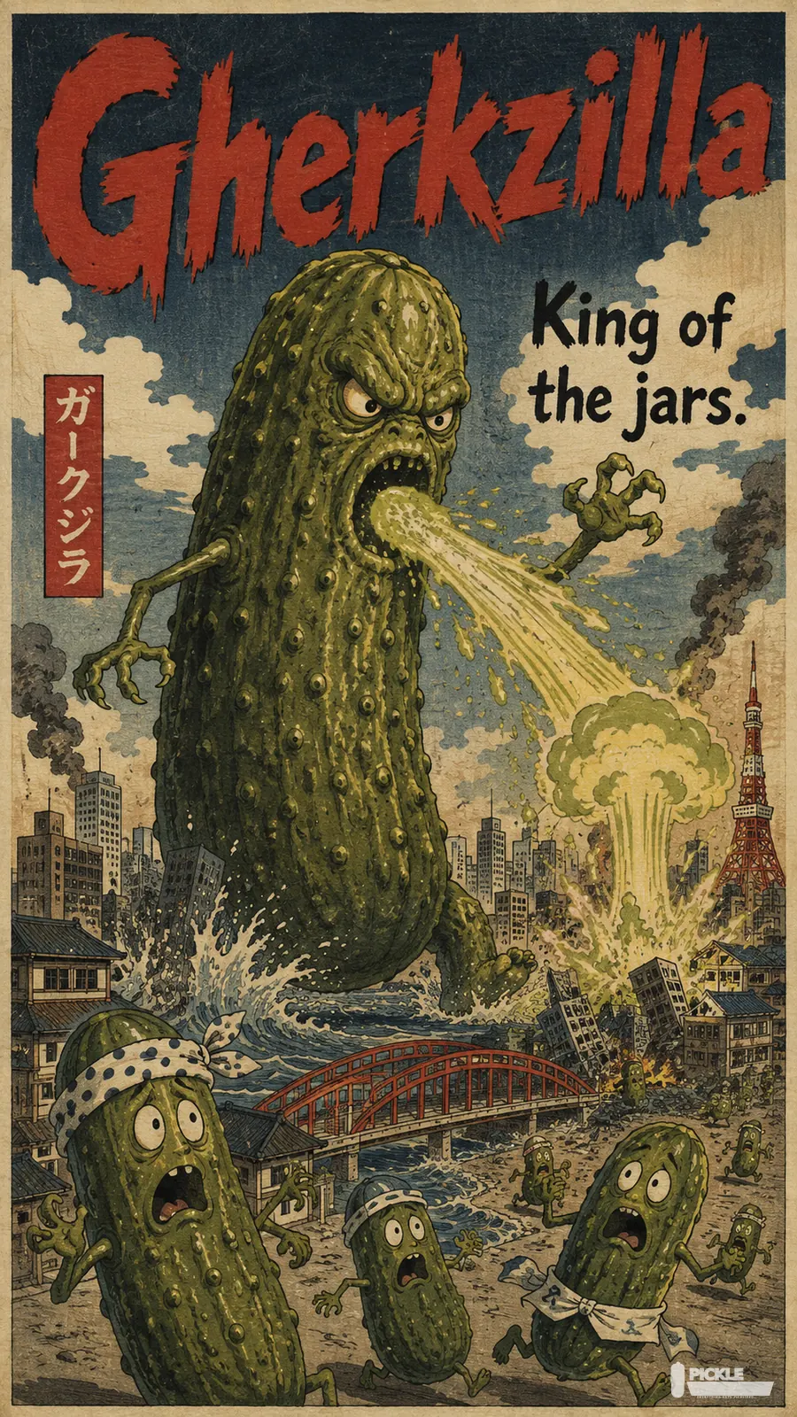 Gherkzilla pickle parody artwork.