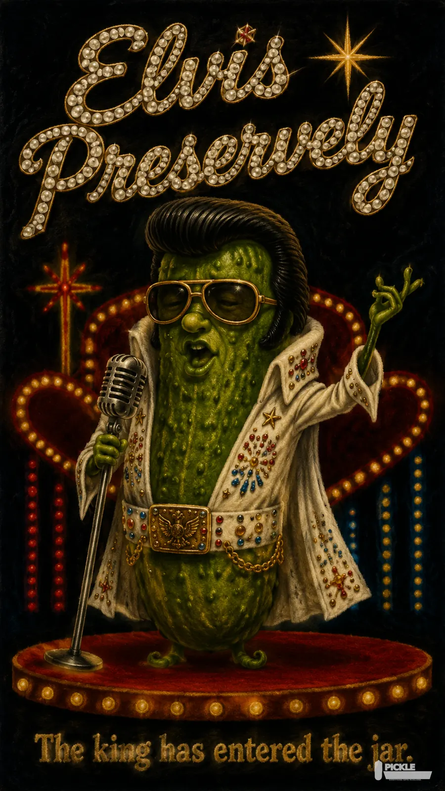 Elvis Preservely pickle parody artwork.